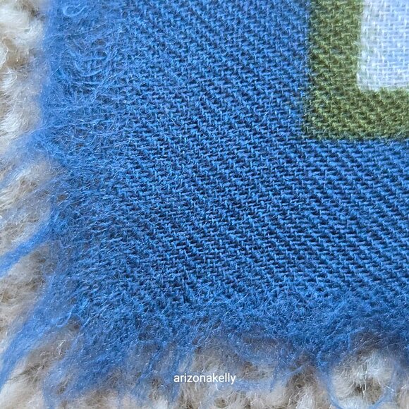 Square Wool Blue Scarf With Leaves and Flowers - Picture 9 of 12